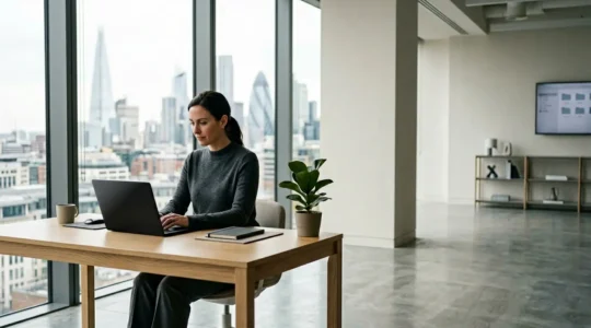 Limited company director reviewing digital tax compliance workflow in modern UK office environment