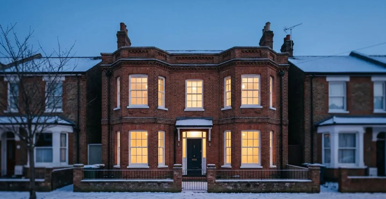 Wide environmental shot of traditional UK Victorian brick terrace house exterior showing solid wall construction