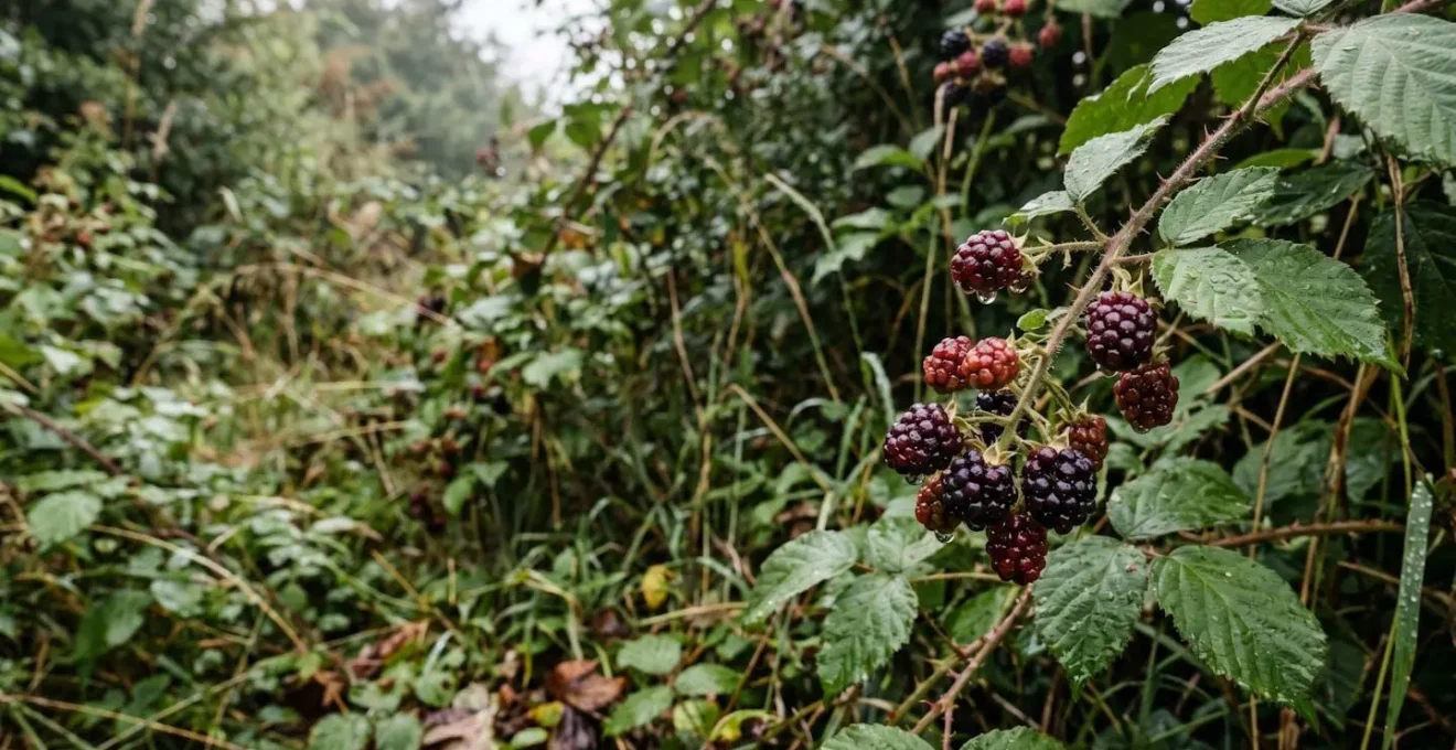Wild blackberries growing in a natural UK hedgerow environment with raindrops and natural textures showing environmental resilience