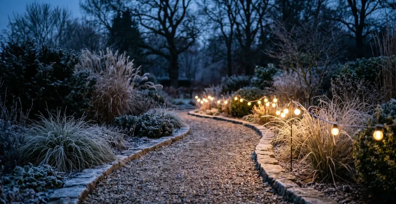 A winding garden path illuminated by warm glowing lights at dusk with frost-covered plants