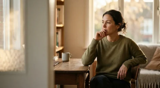 Parent contemplating childcare options while managing work responsibilities