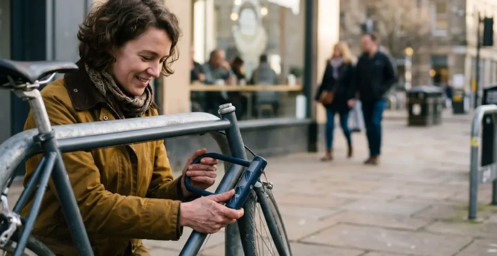 Close-up of cyclist securing bicycle at street-level rack outside local shop with visible pedestrian activity